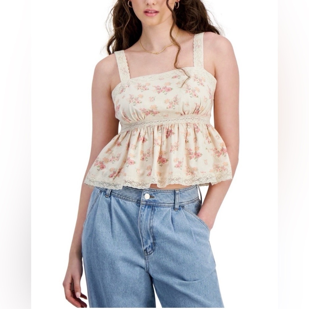 Celebrity Pink Juniors' Crochet-Trim Babydoll Top - Pink Floral - Size L